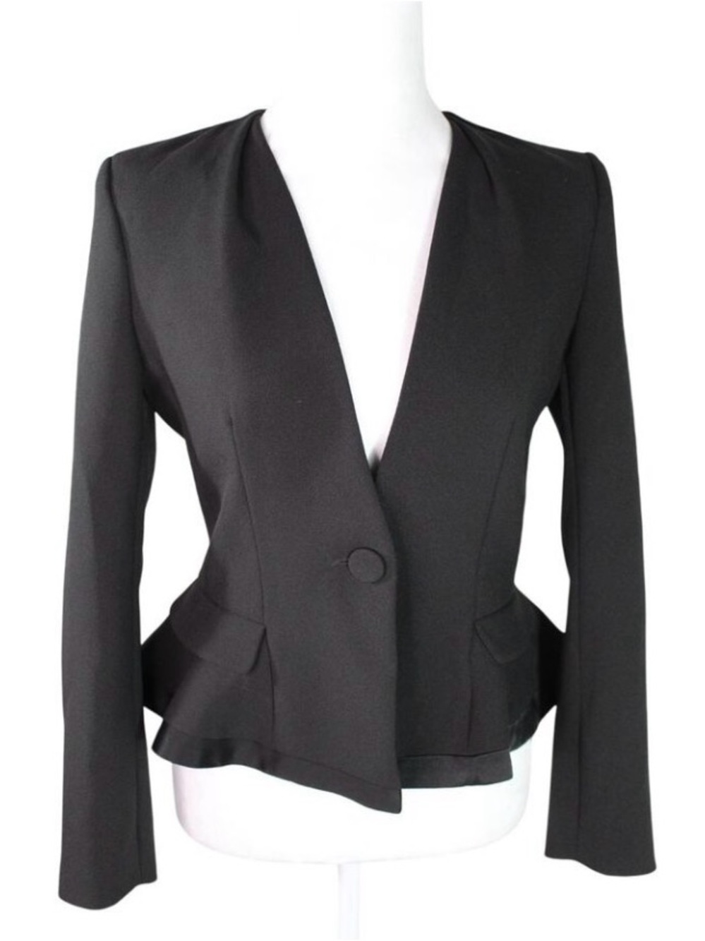 Claudie Pierlot Paris Cropped One Button Blazer Black Satin Ruffle Trim Size 36